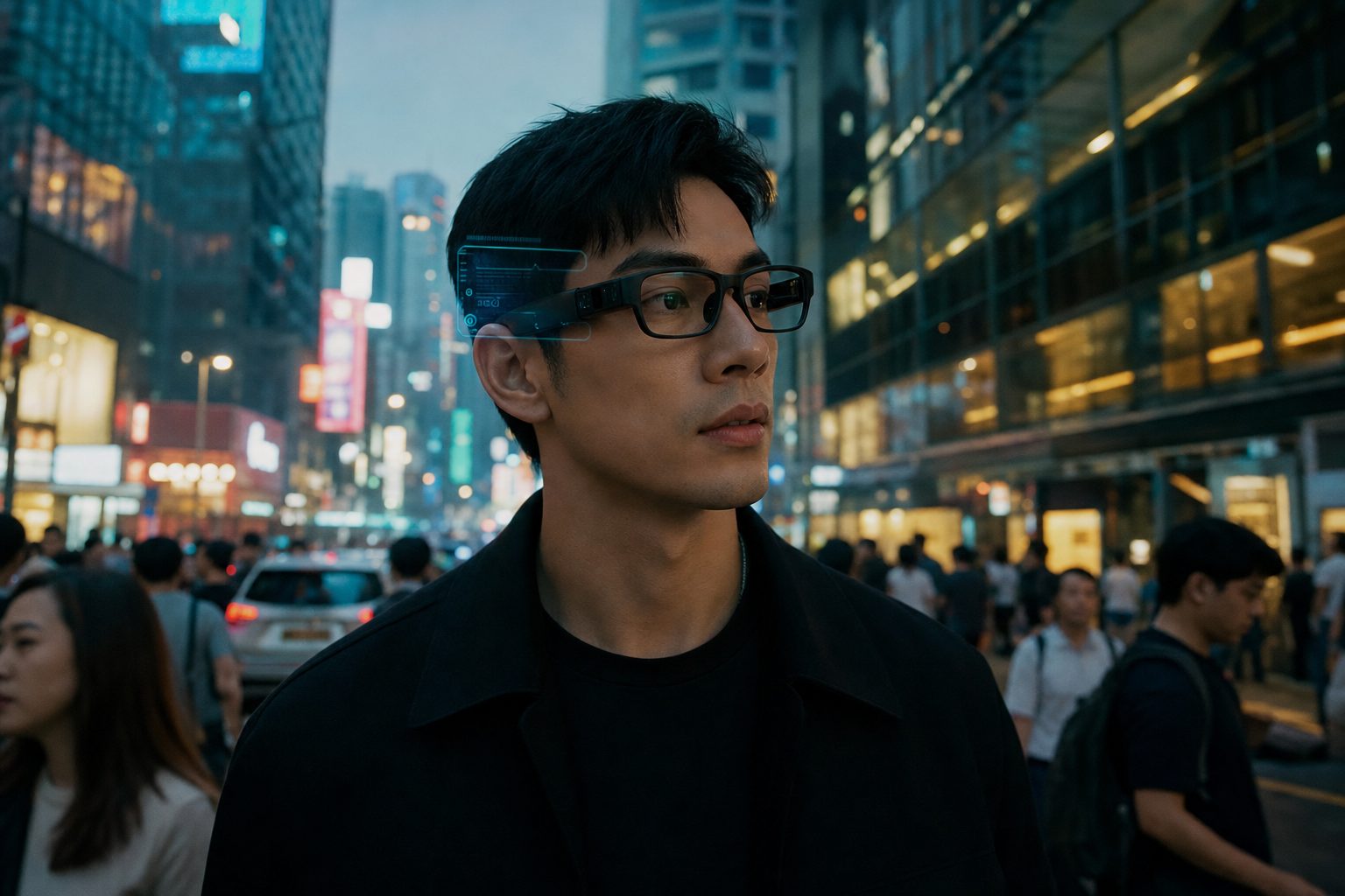 Wearer in city with MR glasses